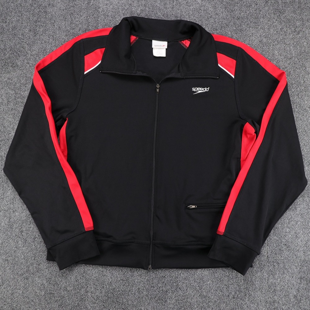Speedo Mens Track Jacket Black Red White Full Zip Athletic Swim Coverup Large
